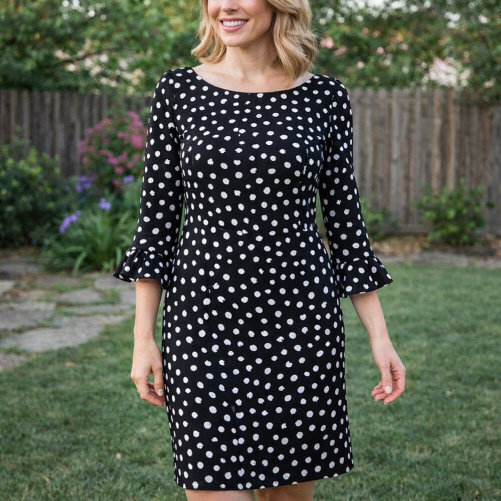 Laura Jeffries Polka Dot Dress Size 12 Black White Ruffle Sleeve Midi Work Party
